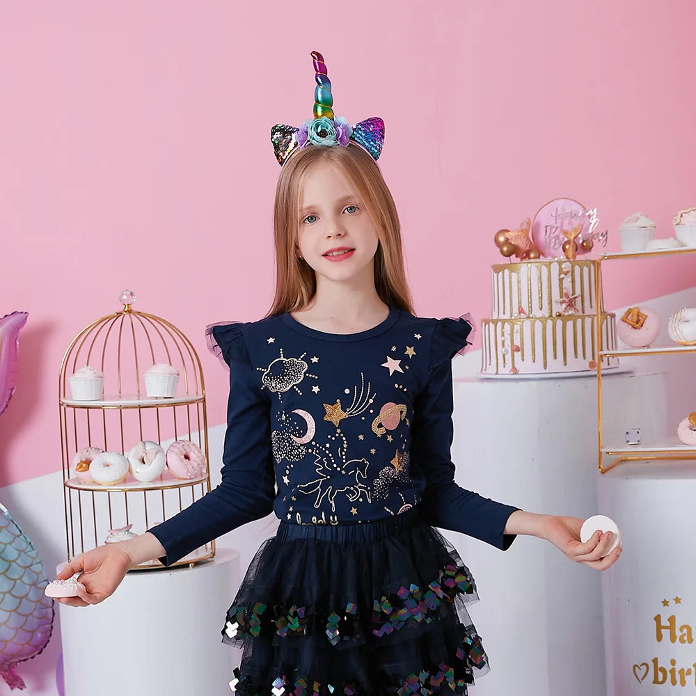 VIKITA Girls Cartoon Sequined Appliqued T Shirts Kids Long Sleeve Autumn Spring Cotton T Shirts Kids Casual Wear Tops and Tees