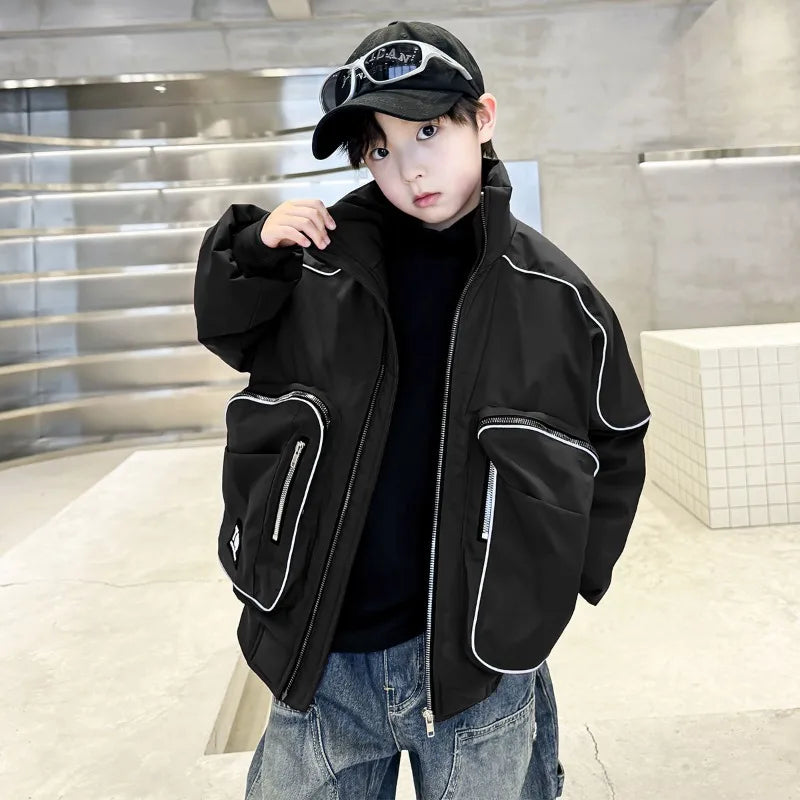 2025 New Boys' Winter Padded Quilted Windbreaker Jacket for Big Kids Waterproof Windproof Outdoor Jacket with Thermal Insulation