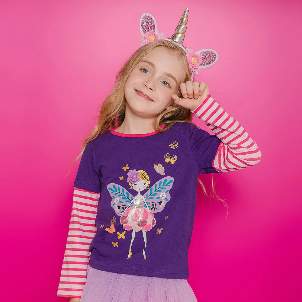 VIKITA Kids Butterfly Doll Cartoon Print T Shirt Girl Autumn Spring Long Sleeve Striped Cotton Casual Tops and Tees Kids Clothes