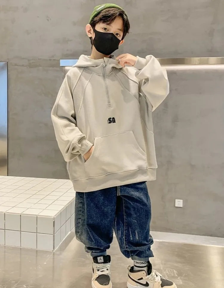 2025 New Boys' Mid-Large Spring-Autumn & Autumn-Winter Fleece-Lined Thickened Hooded Hoodie - Trendy Streetwear Boys' Top