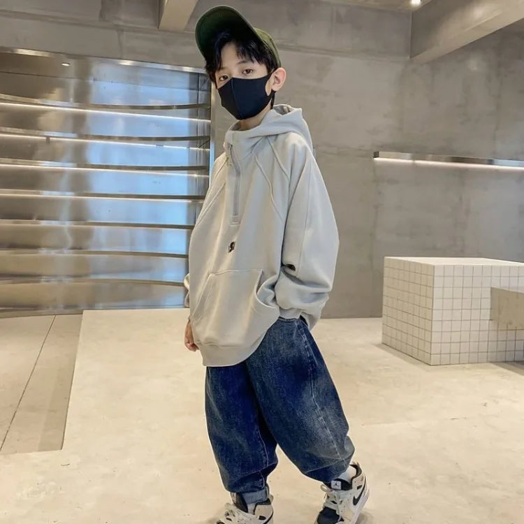 2025 New Boys' Mid-Large Spring-Autumn & Autumn-Winter Fleece-Lined Thickened Hooded Hoodie - Trendy Streetwear Boys' Top