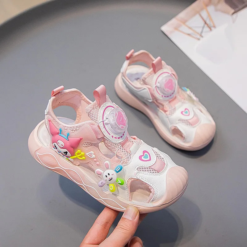 Sandals Girls Cartoon PU Leather Summer Fashion Outdoor Flat Bottom Breathable Anti-slip Pink Purple Size 26-37