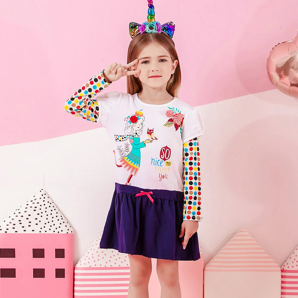 VIKITA Kids Cotton Dress Toddlers Long Sleeve Autumn Spring Doll Floral Print Dresses Girls Casual School Daily Cute Dress 3-8Y