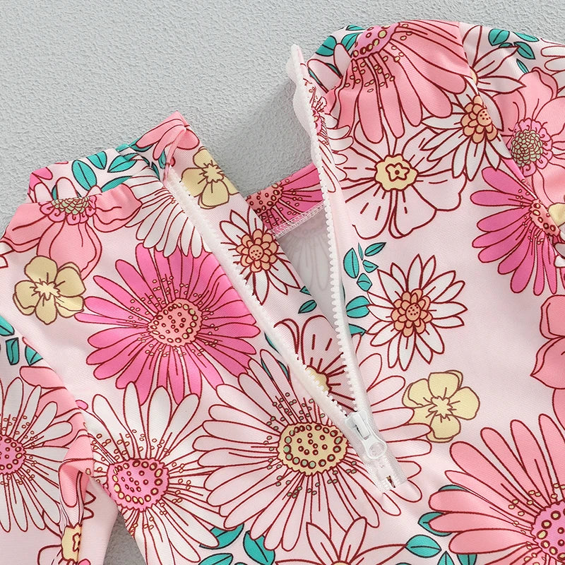 Infant Girls  Rash Guard Swimsuit with Long Sleeves and Cute Floral Print Baby Beachwear Tie-Up Bathing Suit