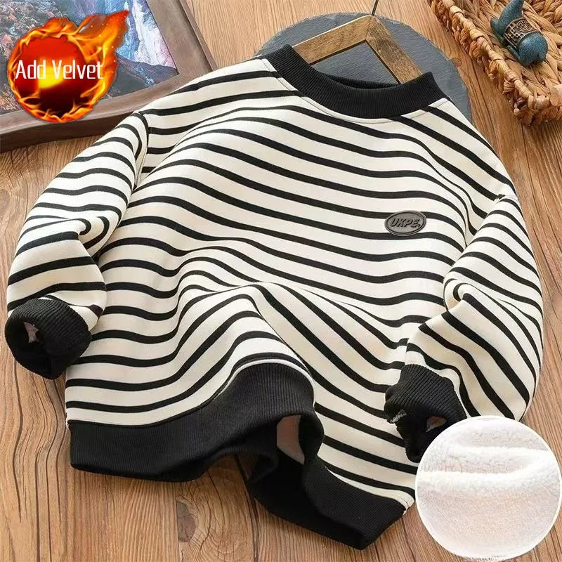 Boys' Striped Fleece-Lined Thickened Long Sleeve Sweatshirt 2025 Winter New Arrival Warm Base Layer Mid-Big Size Top