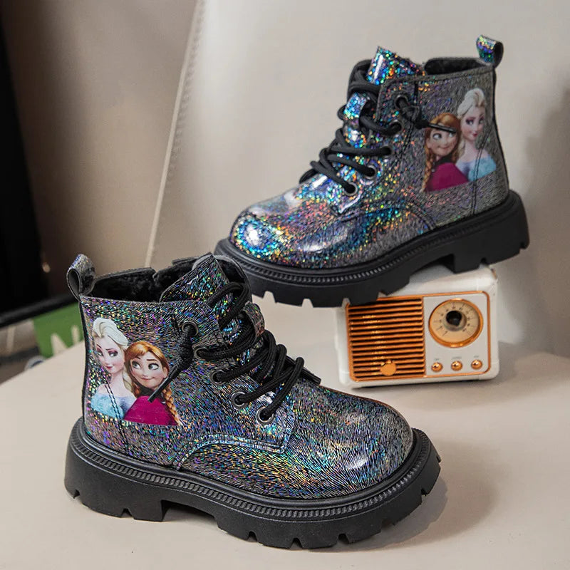 Kids'Casual Shoes Boots PU Leather Cartoon Elsa Spring Shoes For Girls Anti-slip Soft Bottom Black Pink Shoes Size 23-34