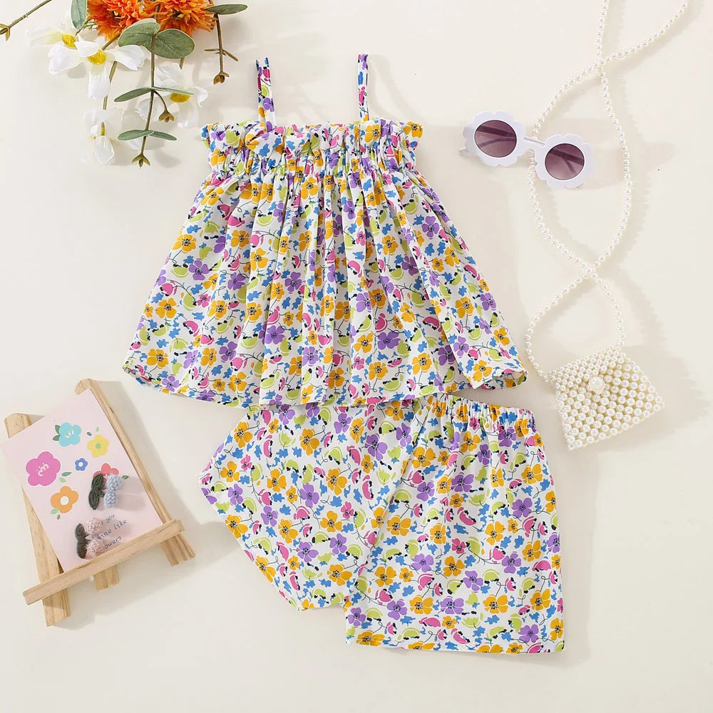 Summer New Floral Suspender Baby Girl Two-Piece Set, Beach Party Children'S Clothing Suitable For Babies Aged 9 Months - 3 Years