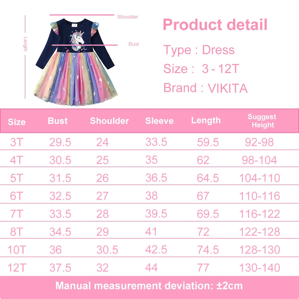 VIKITA Girls Unicorn Dress for Autumn Spring Children Cotton Casual School Costumes Birthday Party Princess Mesh Dress for Girl