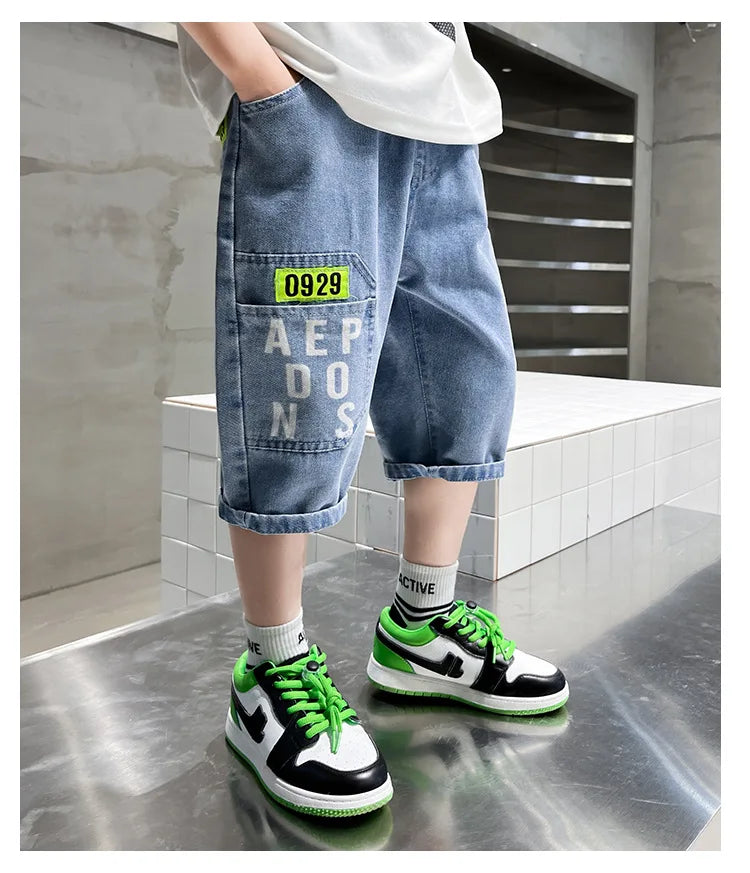 2024 New Teenage Boys Denim Shorts 4-10 Years Summer Fashion Letter Printed Soft Trousers For Kids Children Casual Pants