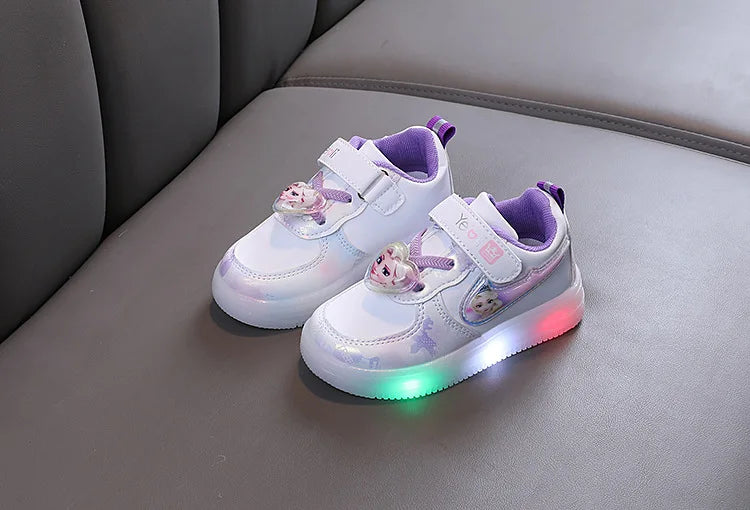 Disney Kids Girls Shoes Children Sneakers Girls Elsa Frozen Princess Casual Sport Student Shoes LED Lights Shoes Size 21-30