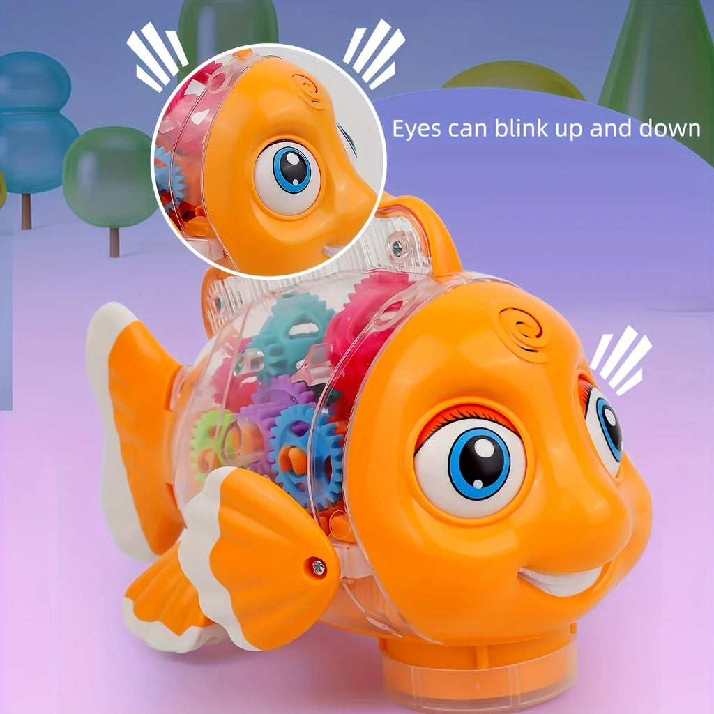 Transparent Electric Gear Gold Fish Toddler Toys with Music & Lights Bump & Go Educational STEM Toys for Babies Tummy Time Gifts
