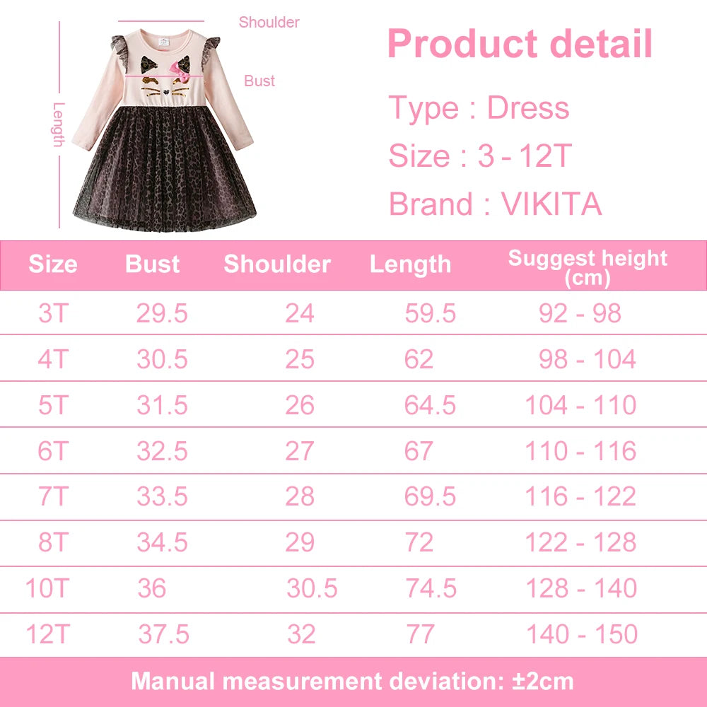 VIKITA Kids Leopard Print Dress Girls Cat Cartoon Flare Sleeve Princess Dresses Girls Autumn Spring Patchwork Fashion Dress