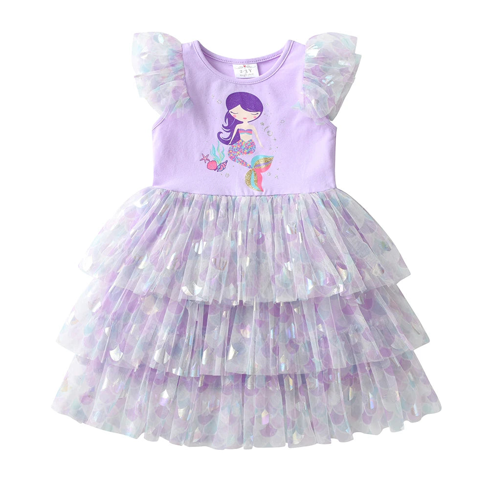 VIKITA Kids Summer Dress Girls Mermaid Print Princess Dress Flying Sleeve Toddlers Birthday Party Tutu Dress Children Clothing