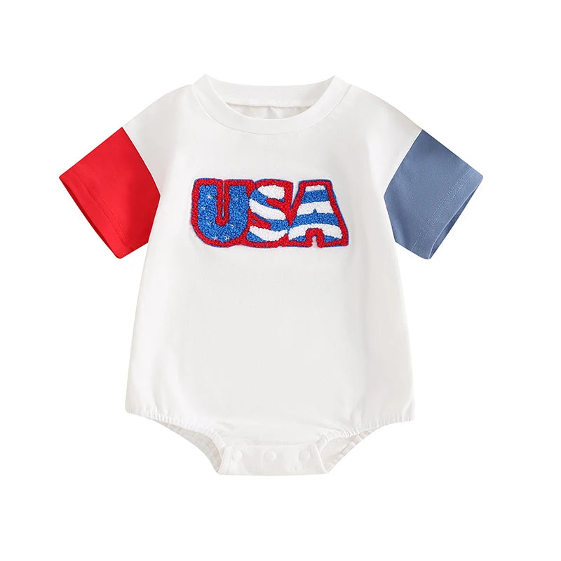 Infant Unisex Romper Sleeveless Round Neck Printed Stars and Stripes Jumpsuit for Memorial Day Celebration