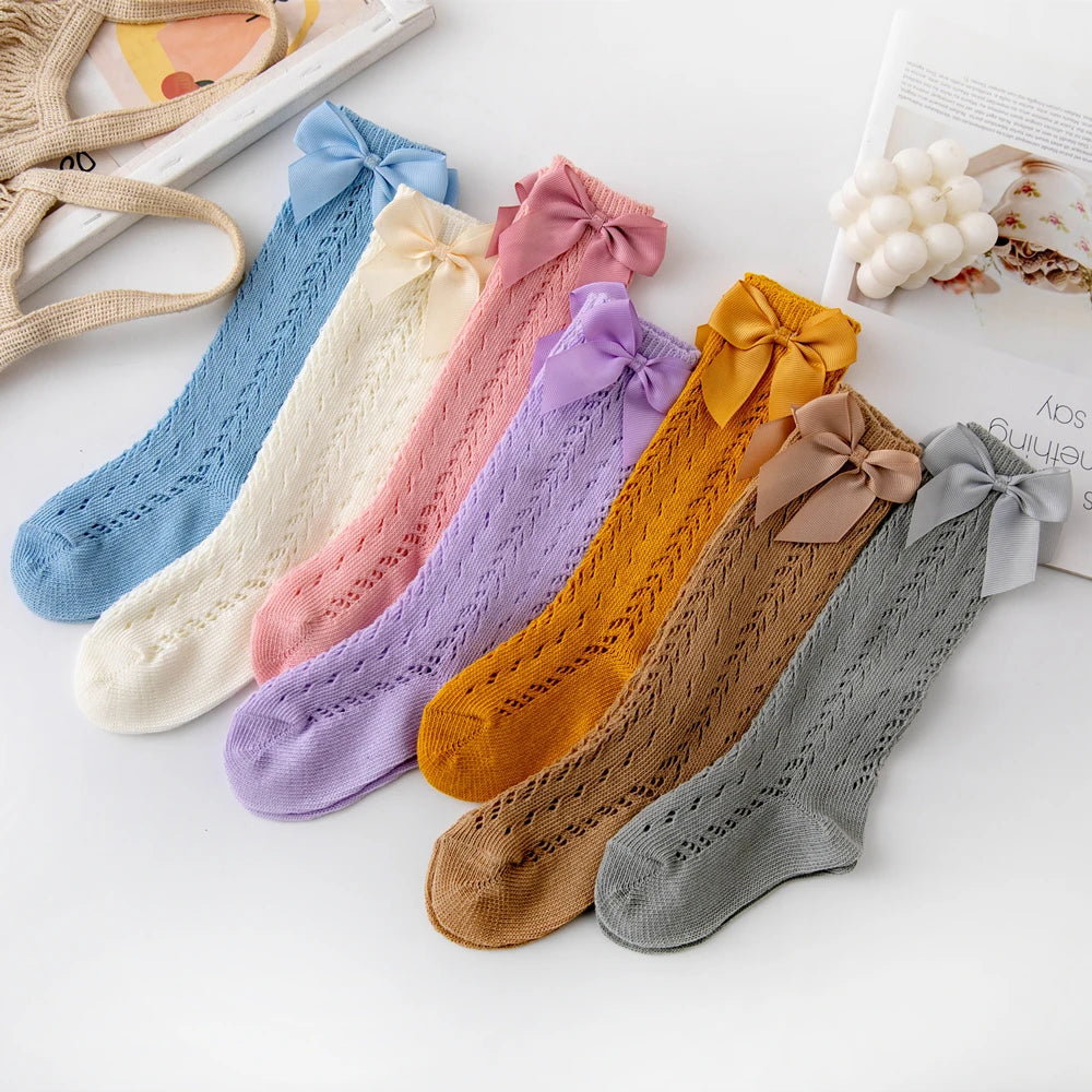 1 Pairs Summer Bow Baby Girls Socks Toddler Long Sock Infant Knee High Cotton Mesh Spanish Style Breathable Socks For 0-8Years