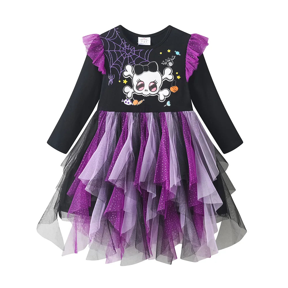 VIKITA Kids Halloween Holiday Cosplay Costumes Girls Spider Skull Print Flare Sleeve Autumn Winter Princess Mesh Tutu Dresses