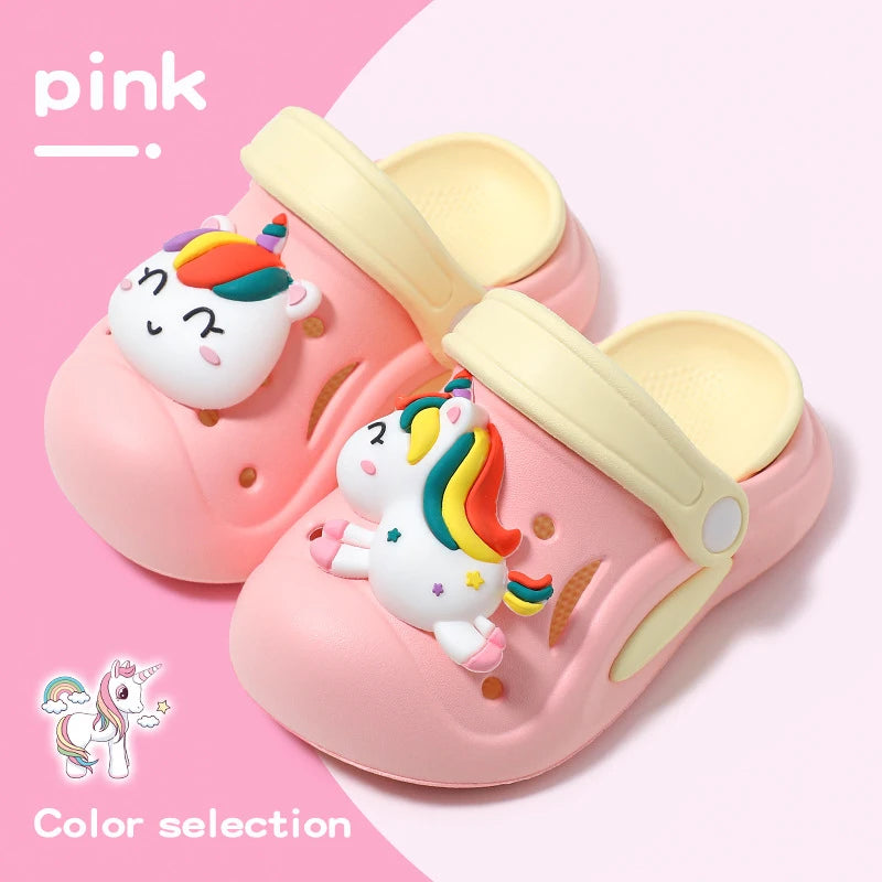 Kawaii Garden Shoes For Little Kid With Unicorn Charm Rainbow Color Girl's Clogs Outdoor Thick Sole Anti-slip Sandals Summer