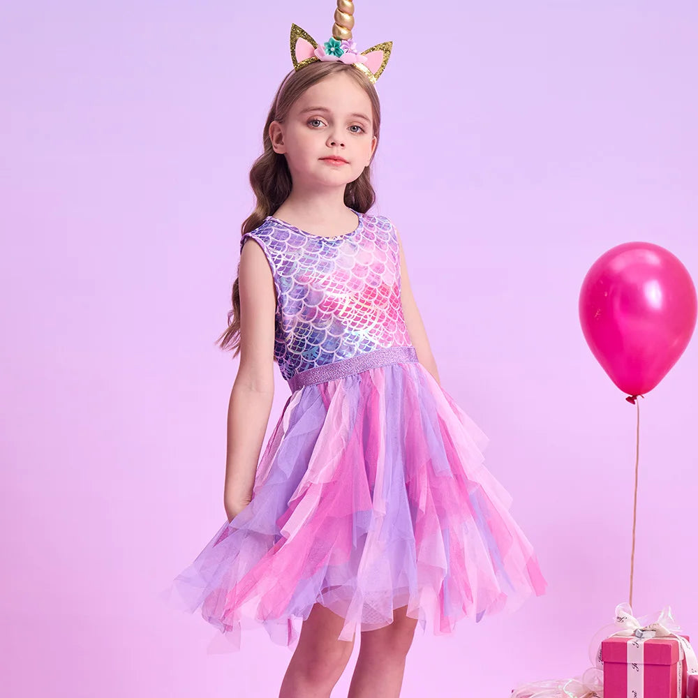 VIKITA Kids Summer Sleeveless Dresses Girls Mermaid Dress Girls Birthday Party Tutu Mesh Mesh Layered Dresses Kids Clothes 3-8Y