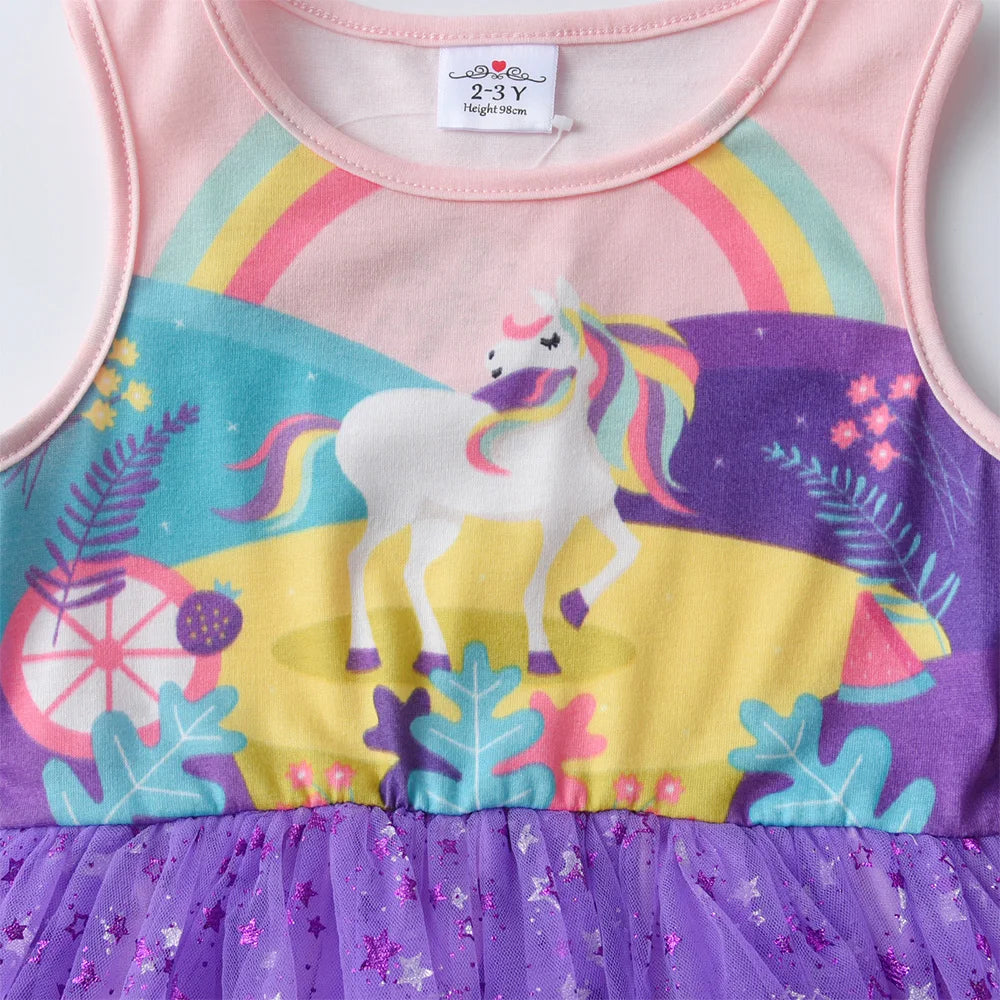 VIKITA Kids Unicorn Cartoon Print Dress Girls Sleeveless Summer Vestidos Kids Patchwork Purple Princess Mesh Tulle Party Dress