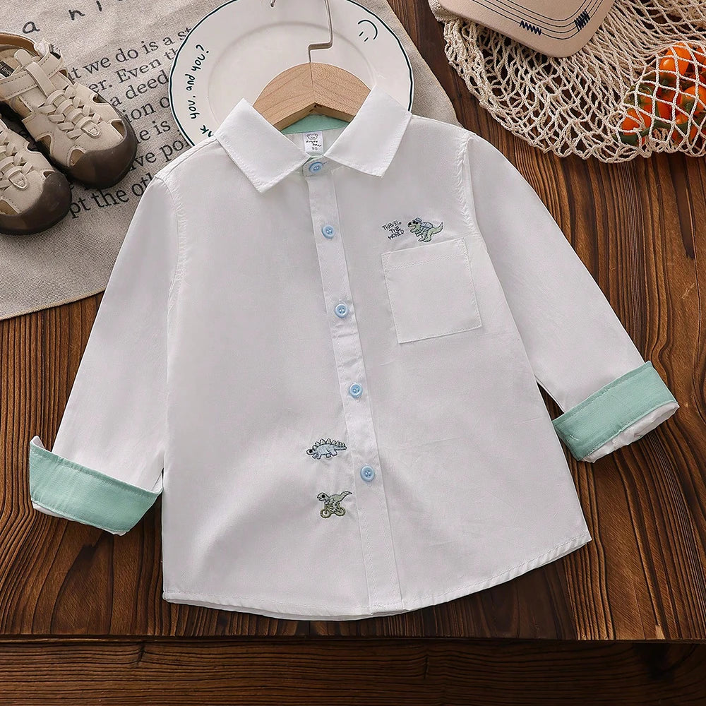Toddler Boys' White Dinosaur Embroidered Casual Shirt Long Sleeved Clothes for 2-6 Years Old