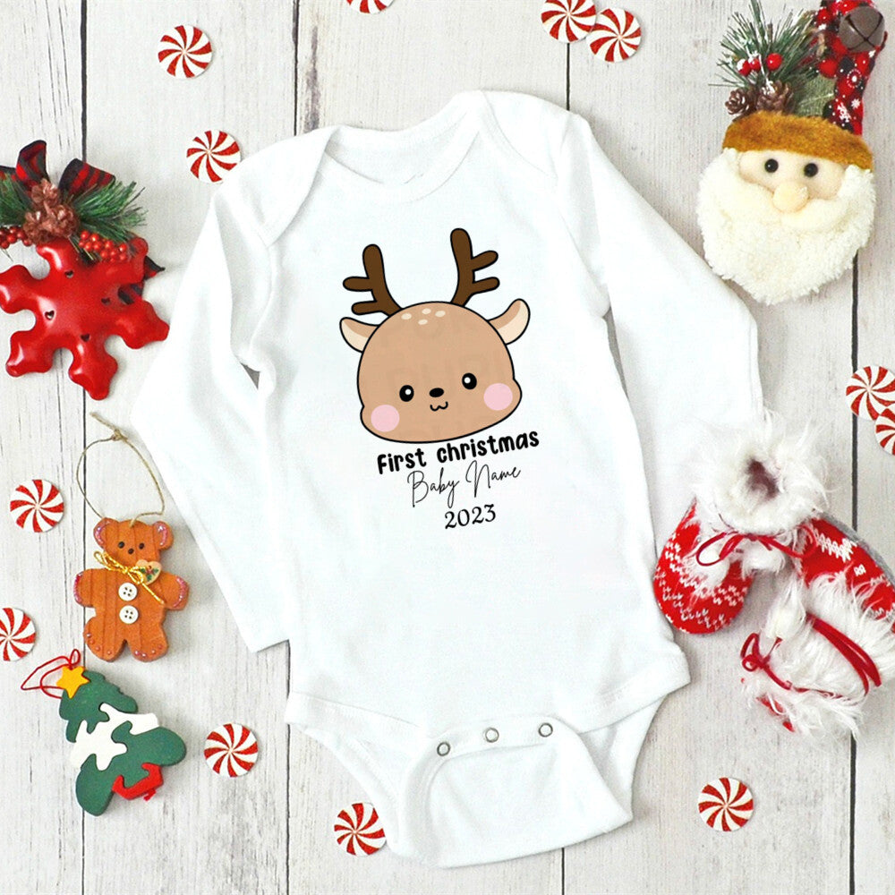 Personalised Christmas Baby Bodysuit Boys Girls Cute Clothes Custom Deer Print Infant Christmas Romper Xmas Party Baby Gift