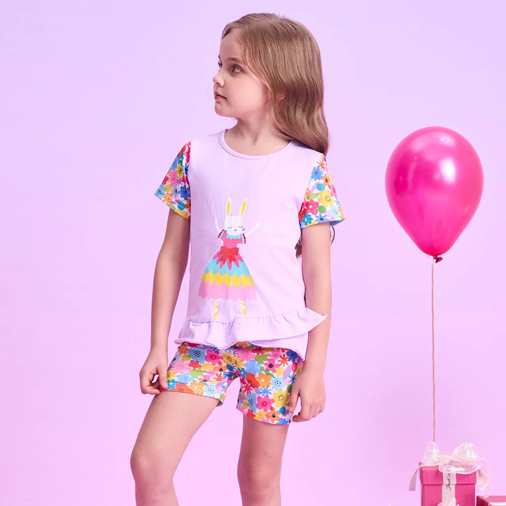 VIKITA Girls Clothing Sets for Summer Kids Rabbit Floral Print Cotton Short Sleeve T Shirt and Pants 2 Pcs Suit Clothes Sets