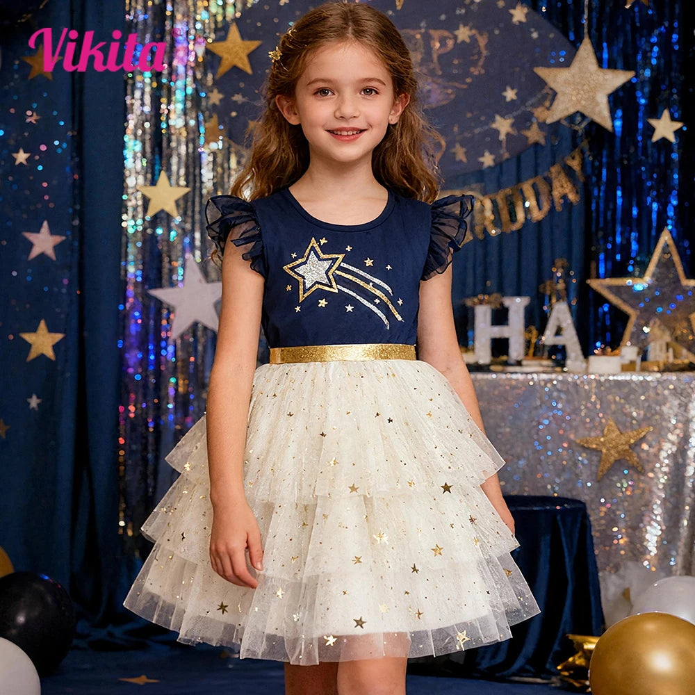 VIKITA Toddlers Flare Sleeve Summer Dress Kids Star Print Mesh Tulle Glitter Sparkling Festival Birthday Party Elegant Dress 5Y