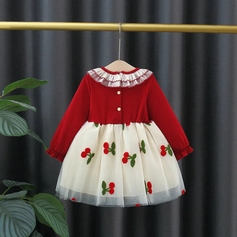 Spring And Autumn New Cherry Chiffon Baby Girl Princess Dress, Red Long Sleeve Christmas Party Children'S Clothes（0-3 Years Old）