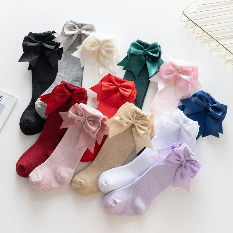 1 Pair Spanish Style Girls Socks Solid Color Big Bow 100% Cotton Baby Children Toddlers Long Socks Princess Knee High Socks