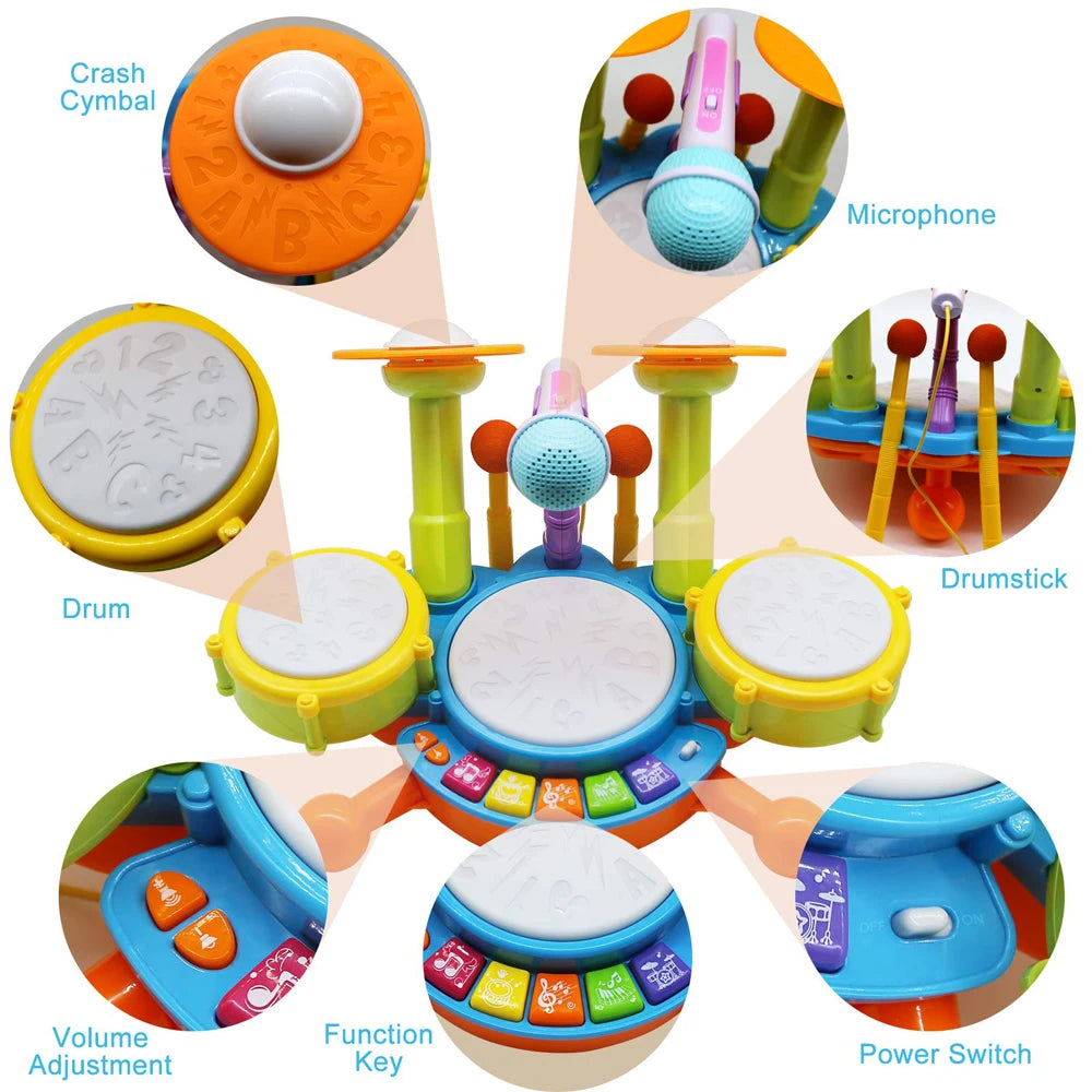 Kids Boy Girl Electric Drum Kit,Musical Instruments Learning Toys with 2 Drum Sticks Adjustable Microphone Birthday for Boys&Gir