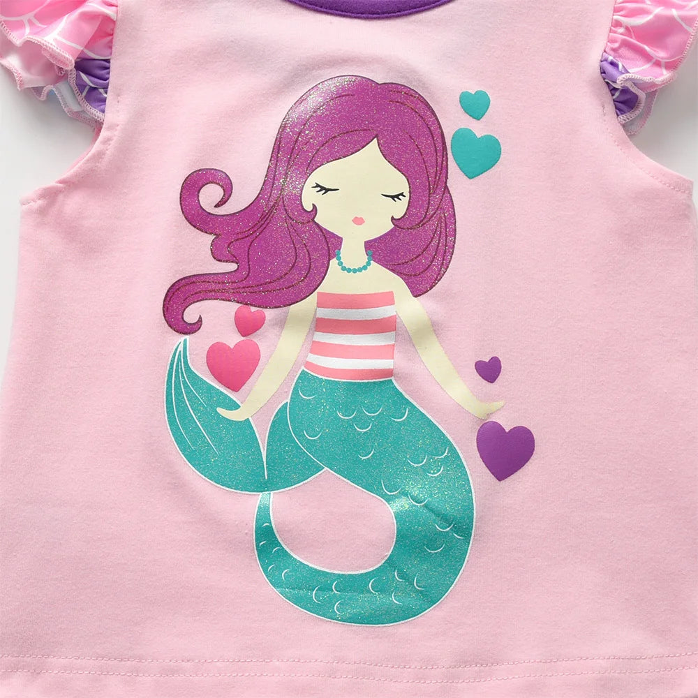 VIKITA Girls Mermaid Print Cute Fashion T Shirt Kids Flare Sleeve Cotton Casual Tops and Tees Girls Pink Daily School Costumes