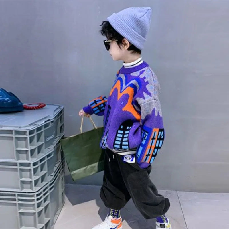 2025 Autumn/Winter New Boys' Fleece-Lined Thickened Crewneck Sweater, Korean Style Toddler Big Kids Knitwear