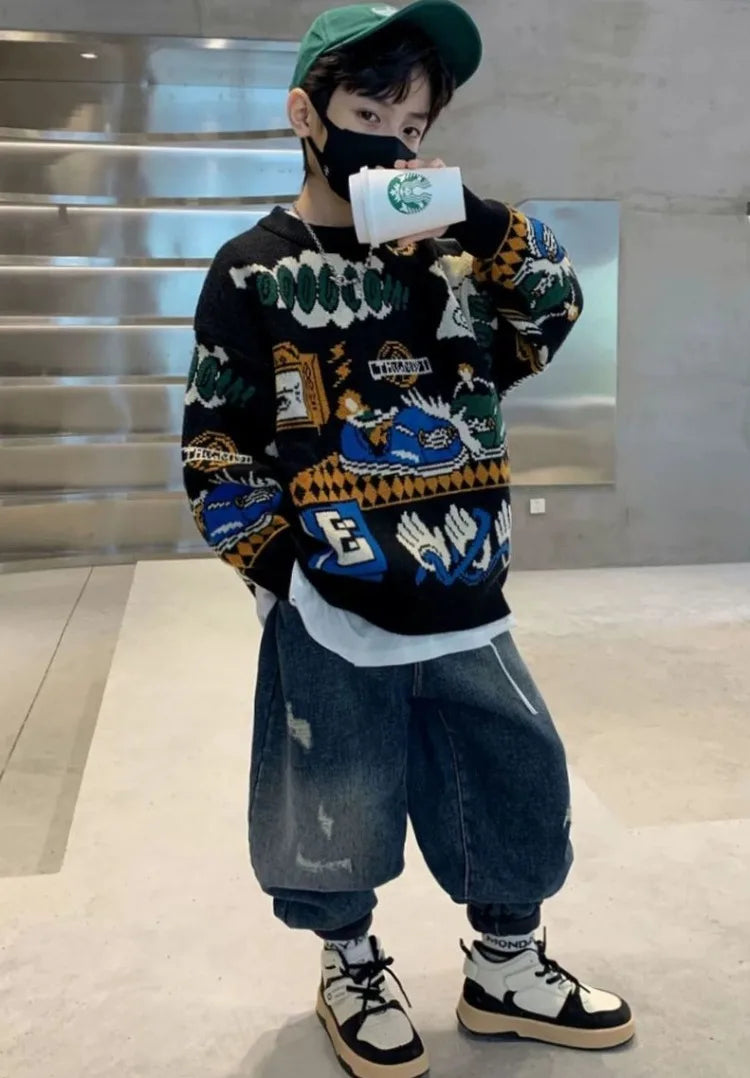 2025 New Boys' Autumn/Winter Fleece-Lined Thickened Pullover Knit Sweater - Warm Base Layer for Kids, Trendy & Cozy Design