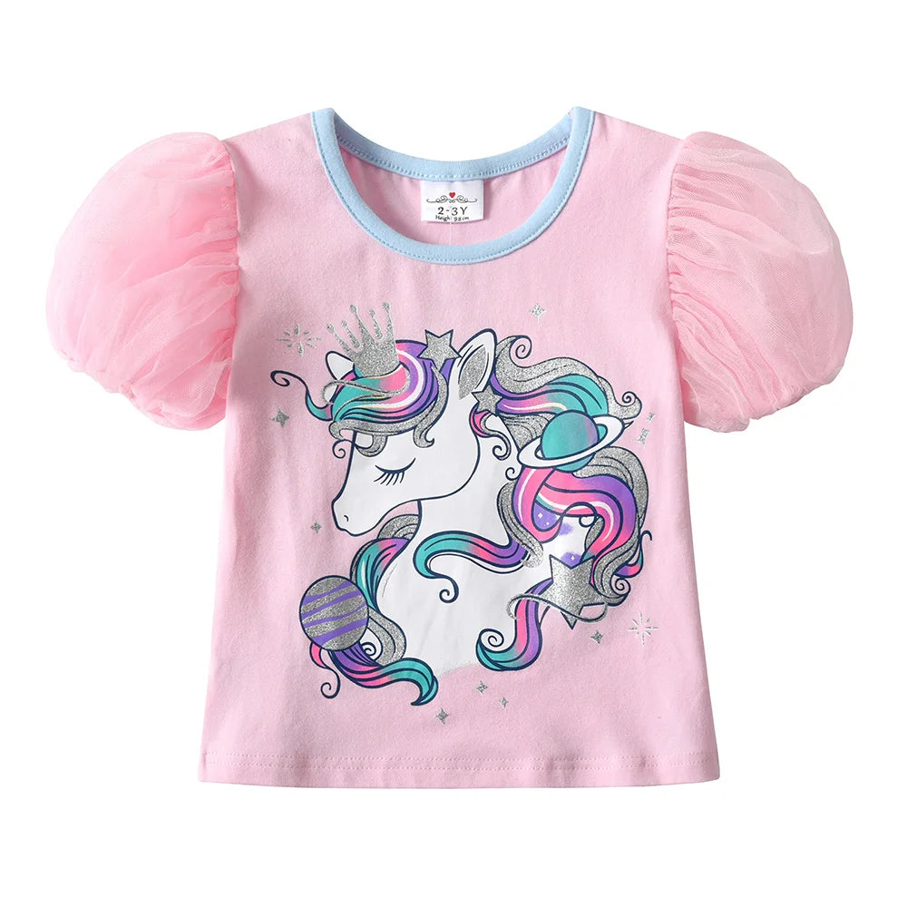 VIKITA Girls Clothing Sets for Summer Kids Unicorn Cartoon Print Short Sleeve Cotton T Shirt and Ruffles Shorts Pants 2 Pcs Suit