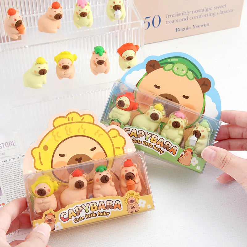 4PCS Cute Capybara 3D Erasers Funny Cartoon Creative Animal Erasers Stationary Gifts Mini School Office Supplies for school