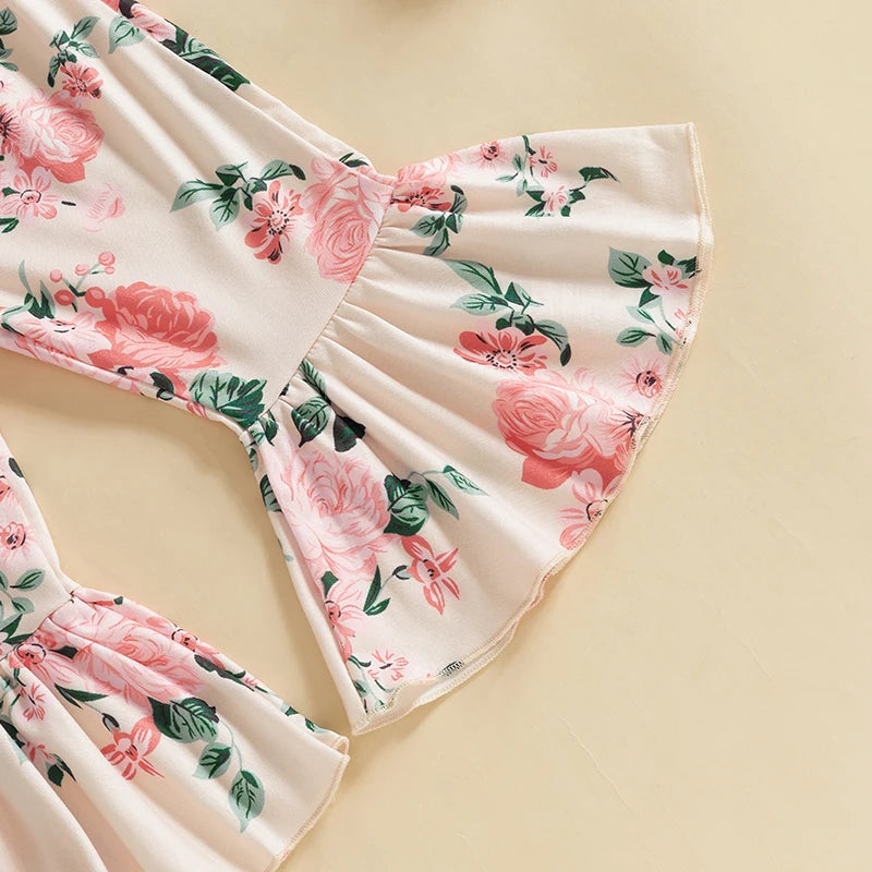 Toddler Girls 3 Piece Outfit Set Ruffle Sleeve Bodysuit Floral Bell Bottom Pants Headband Set for Baby Girl