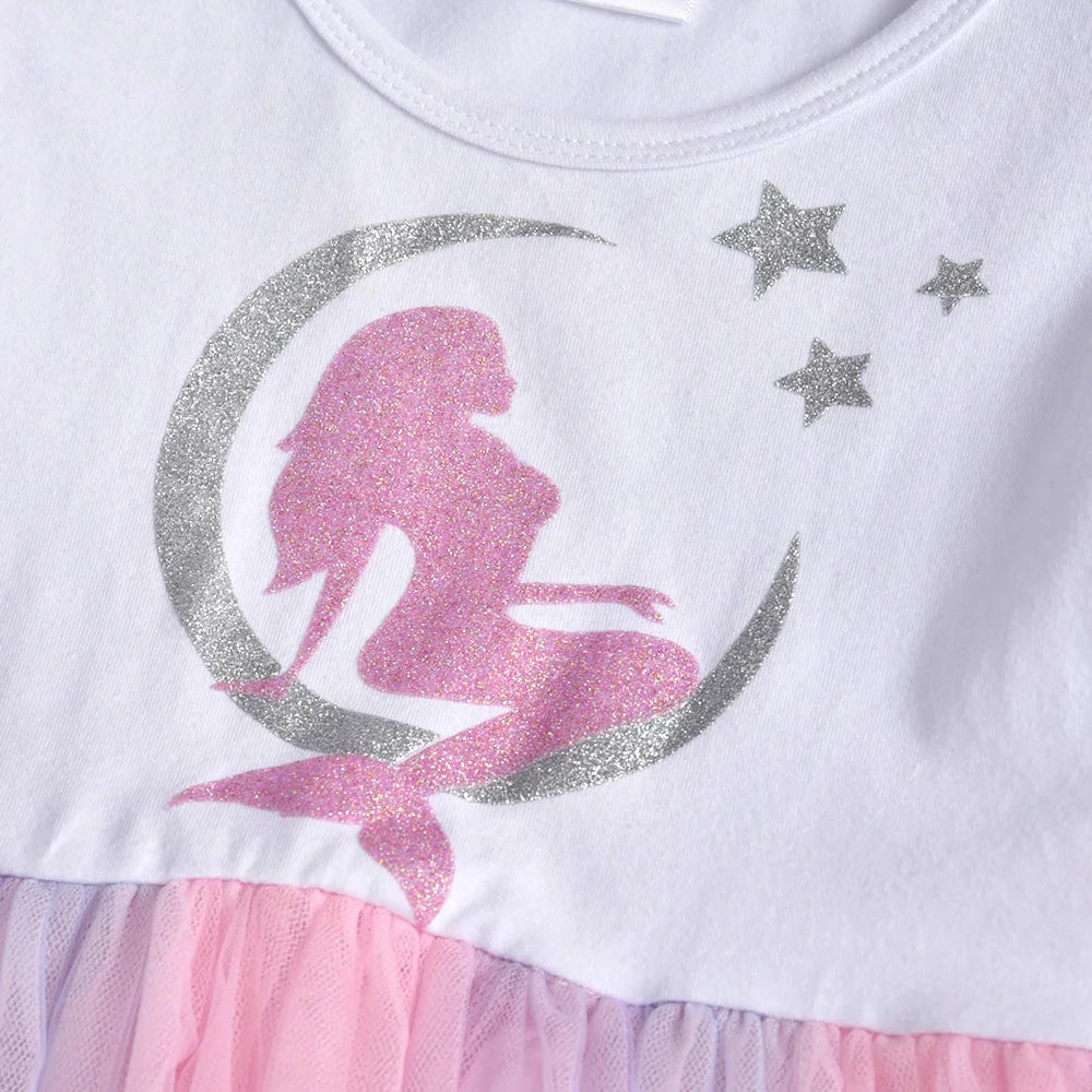 VIKITA Girls Mermaid Print Dress Kids Mesh Tulle Princess Elegant Dress Kids Long Sleeve Autumn Spring Patchwork Casual Vestidos