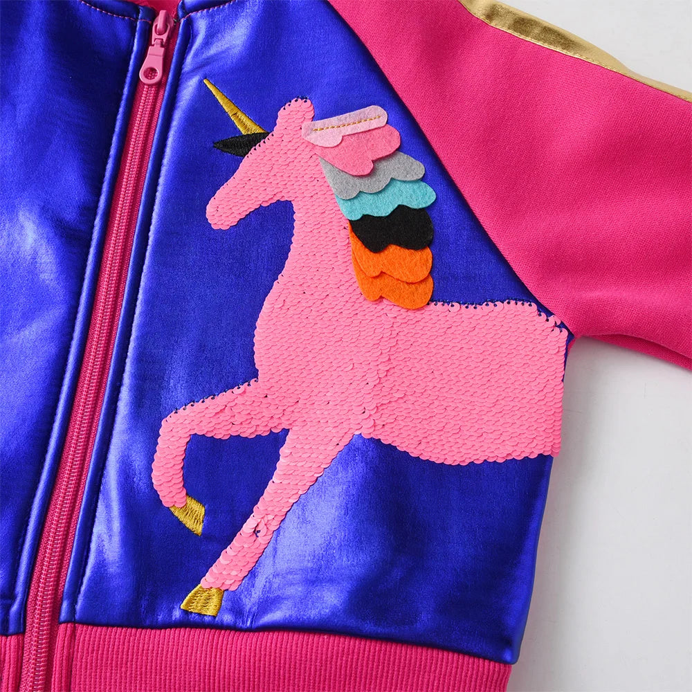 VIKITA Kids Autumn Spring Jacket Coat Girls Unicorn Cartoon Sequined Appliqued Jacket Teenage Girls Casual Sports Outerwear Coat