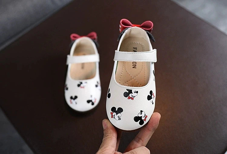 Disney Casual Shoes Kids Mickey Mouse Shoes For Girls Outdoor White Pink PU Leather Children Flats Soft Toddler Size 21-30