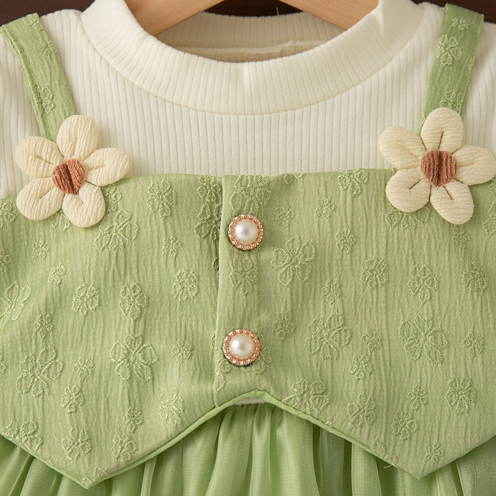 Spring And Autumn New Fake Two Piece Long Sleeve Baby Girl Dress, Sweet Bow Children'S Clothing For Babies Aged 0-3 Years