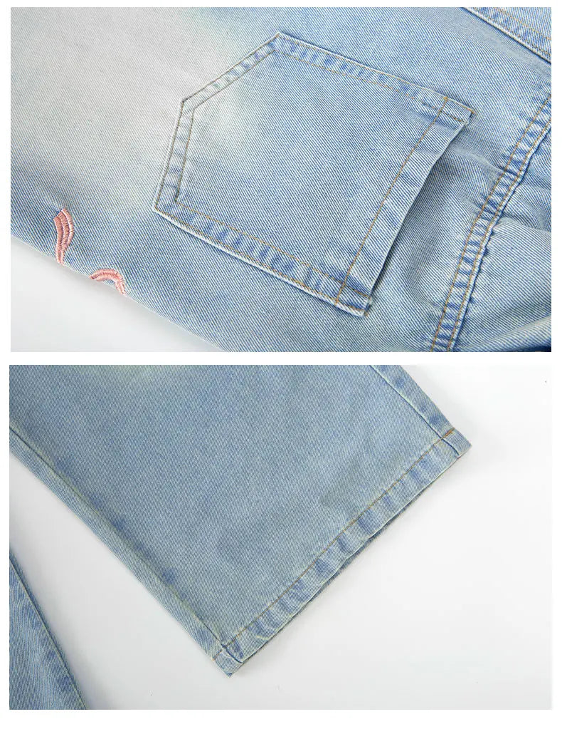 Girls' side pink bow embroidered wide-leg pants 2025 summer thin style slim straight pants suitable for outdoor 5-15 years old