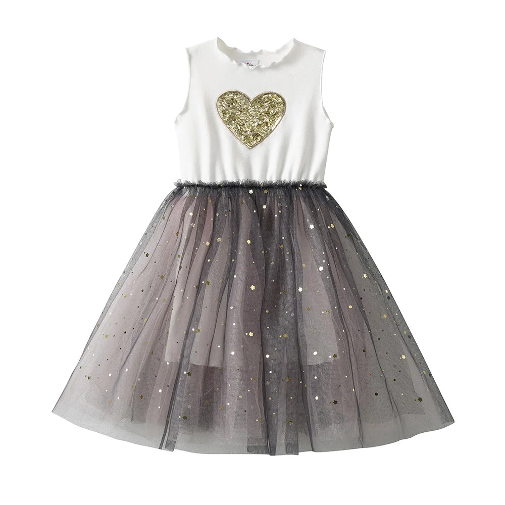 VIKITA Girl Heart Shape Design Sequined Appliqued Dress Kids Sleeveless Summer Dress Infantil Vestidos Kids Casual Daily Dresses