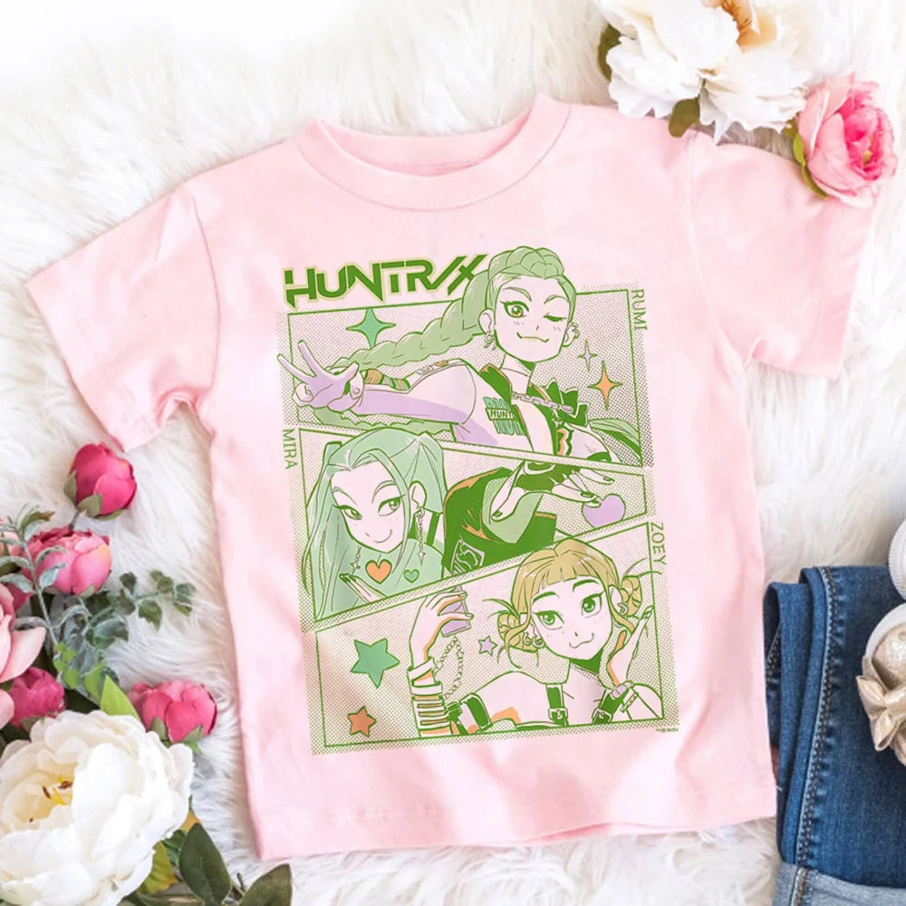 2025 New KPop Demon Hunters Child Short Sleeve T-shirt Anime Character Print Tees Boys Girls Summer Casual Tops Birthday Gift