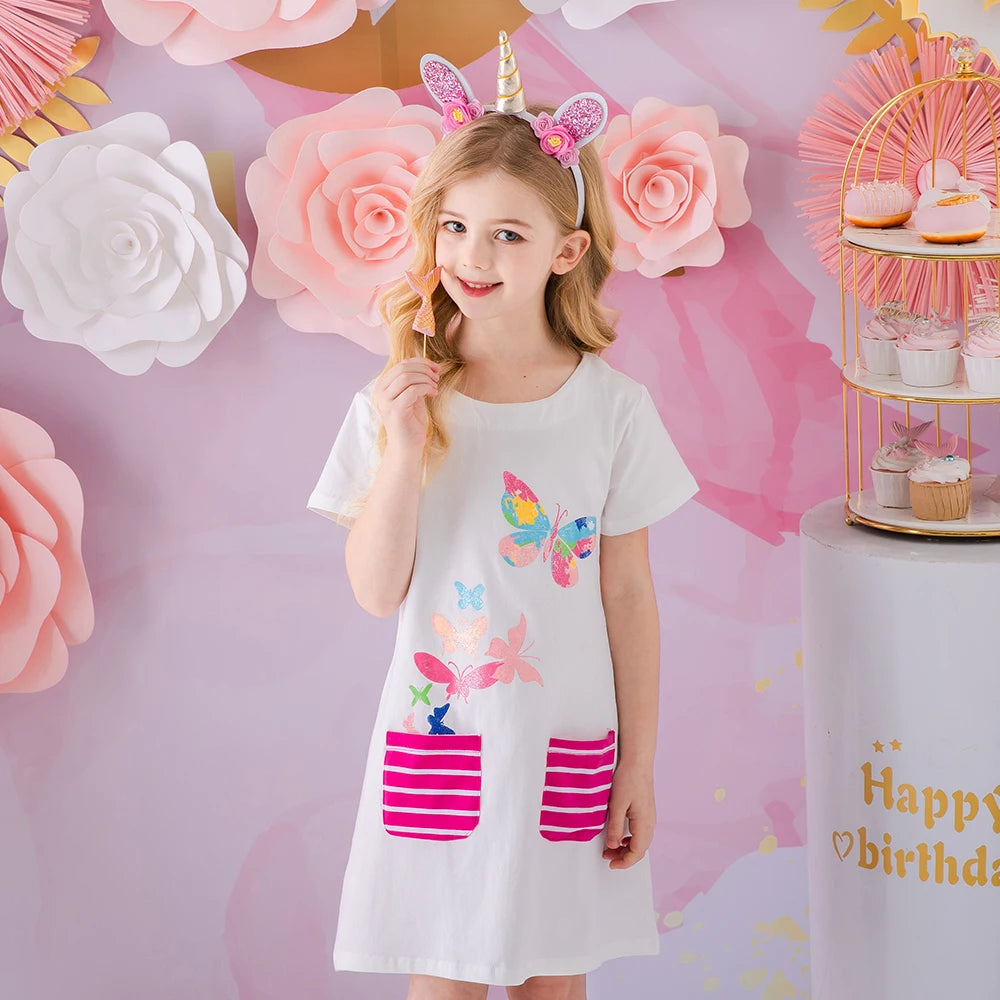 DXTON Summer Children Dresses For Girls Short Sleeve Kids Dresses with Pocket Butterfly Printed Girls Casual Cotton Clothing