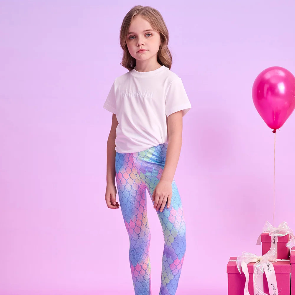 VIKITA Kids Mermaid Print Leggings Girls Colorful Skinny Pants Toddler Casual Pencil Trousers Daily Casual Wear Children Clothes
