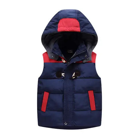Kids' Autumn Winter Thickened Cotton Hooded Vest with Detachable Hood Soft Lambswool Lined Stand Collar Outerwear for Boys