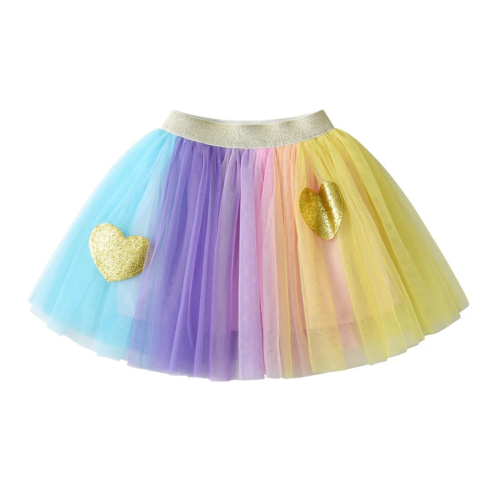 VIKITA Girls Summer Clothing Sets Kids Flare Sleeve Heart Cotton Tops Tees and Rainbow Mesh Tulle Skirts 2 Pcs Children Clothes