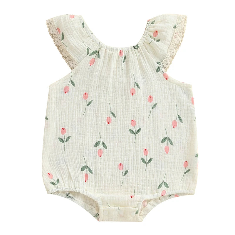 Toddler Girl Sleeveless Romper with Floral Print and Lace Detail Round Neck Jumpsuit for Summer Cute Bubble Bodysuit
