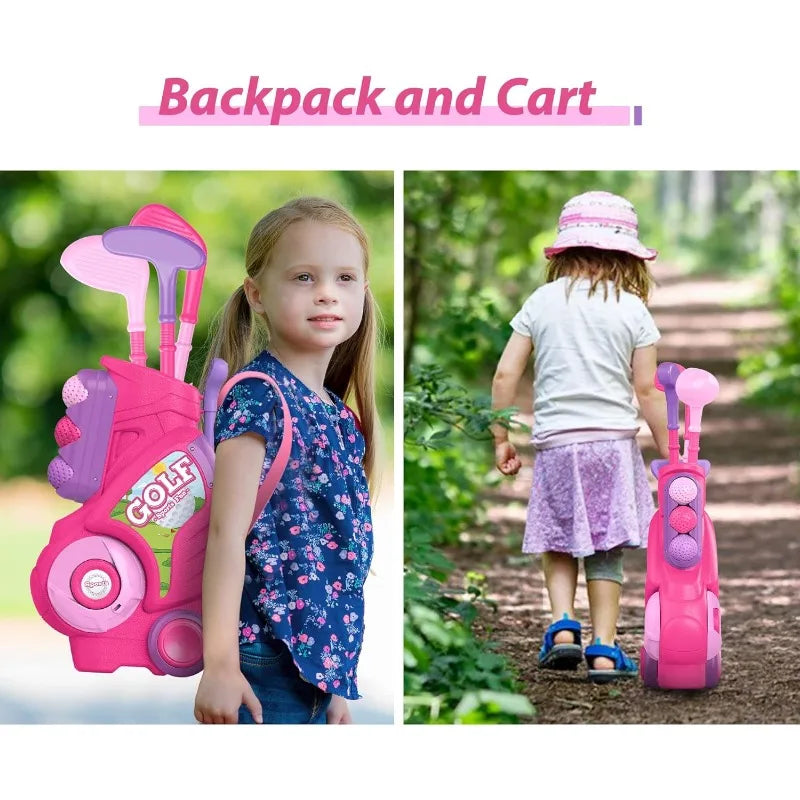Toddler Golf Club Set Kids Golf Cart with Wheels Shoulder Strap Indoor & Outdoor Sports Toys Christmas Gift for Boys Girls
