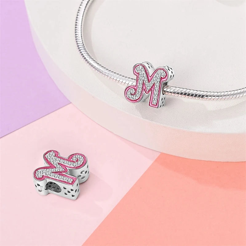 Pink Girl Series 925 Sterling Silver Alphabet Charms Beads Cute Letter Fit Original Bracelet Bangle Necklace DIY Jewelry